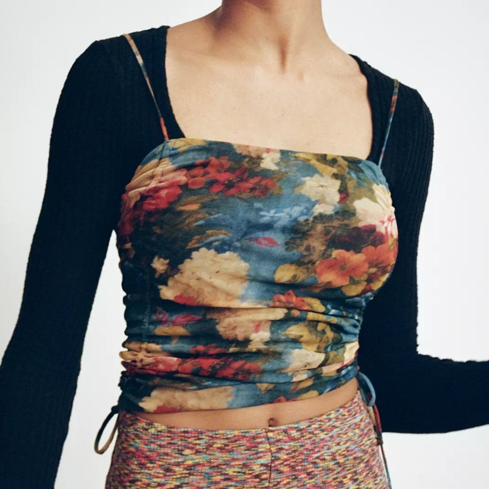 UO Urban Outfitters Tasmin Mesh Ruched Boho Floral Cropped Cami XS